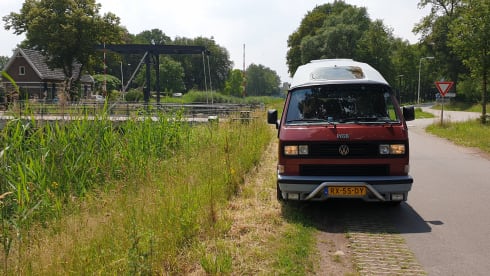 Original retro Volkswagen T3 Dehler with complete camping equipment.