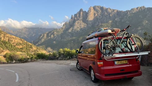 Red Volkswagen bus California T5