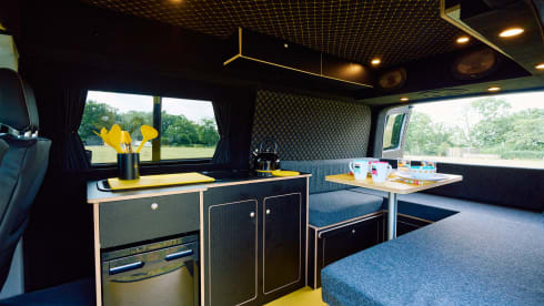 Mellow Yellow – Luxury VW T5 Camper with Large Bed & Luxury Black and Yellow Interior