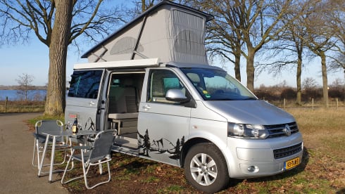 Zilver – Volkswagen T5 automatic California Bus camper with sleeping roof.