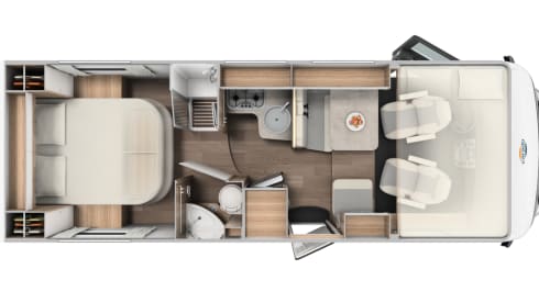 23/24 – Beautiful compact camper with a 2-person fixed bed and a 2-person pull-down bed.