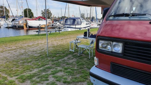 Original retro Volkswagen T3 Dehler with complete camping equipment.