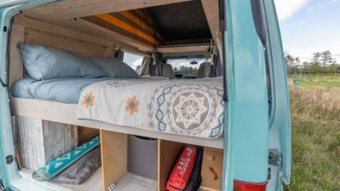 Retro turquoise camper, ready for a road trip. 