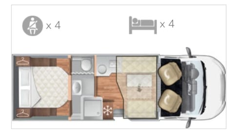 Roller Team 266 TL – Modern motorhome (2022) with luxurious queen-size bed and separate wellness area.
