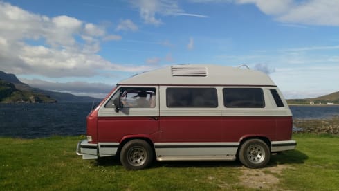 Original retro Volkswagen T3 Dehler with complete camping equipment.