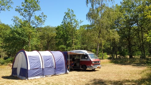 Original retro Volkswagen T3 Dehler with complete camping equipment.