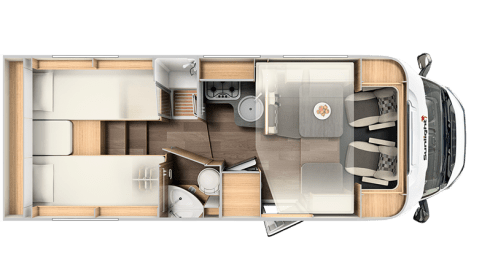 Beautiful 4p Sunlight T68 with single beds and pull-down bed from 2022