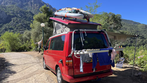 Red Volkswagen bus California T5