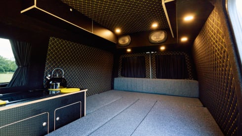 Mellow Yellow – Luxury VW T5 Camper with Large Bed & Luxury Black and Yellow Interior