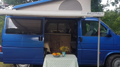 Cheerful Volkswagen camper van with lifting deck and pull-out bed for 2 people