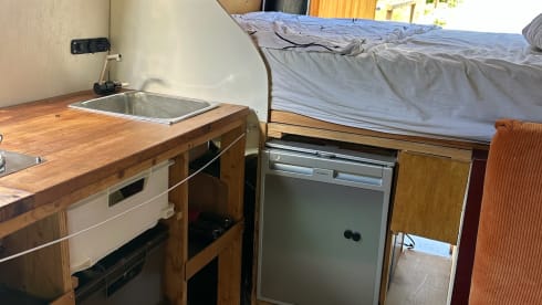 Atmospheric self-build camper van for 2 people (+ baby/small child)