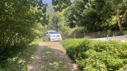 Jiggleypuff – Nissan campervan uit 2007 met 3 slaapplaatsen (klein gezin).