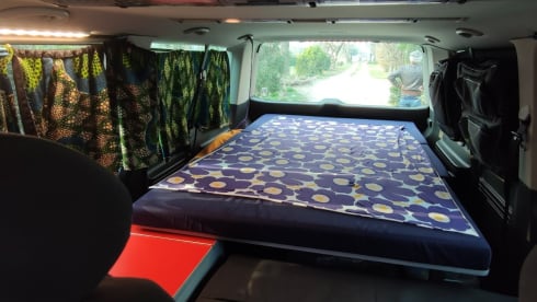 bluesky – vw t5 long wheelbase, free on the road surrounded by a blue sky