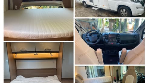 Luxurious, modern 4-person Bürstner with queen bed, pull-down bed and bicycle rack