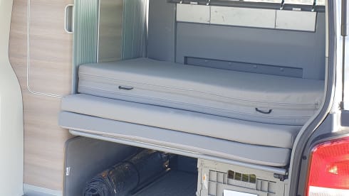 Blauw – Volkswagen T6 automatic California bus camper with pop-up roof.