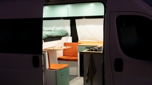 Compact off-grid Peugeot Boxer with length bed for 2 people
