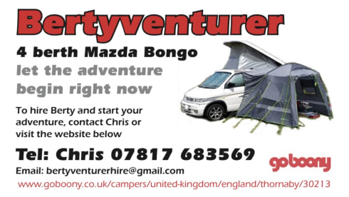 Bertyventurer – 4 berth Mazda bongo to hire with awnings let your adventure begin here