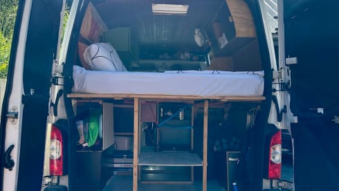 Atmospheric self-build camper van for 2 people (+ baby/small child)