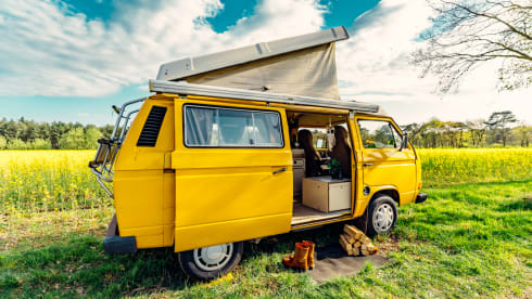 Simba – the yellow retro Volkswagen van with lifting roof