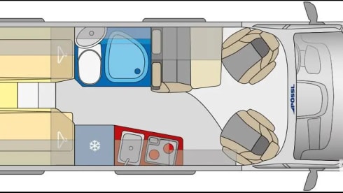 Bus camper with awning, private shower and toilet.