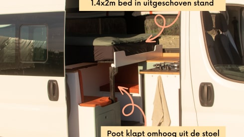 Compact off-grid Peugeot Boxer with length bed for 2 people