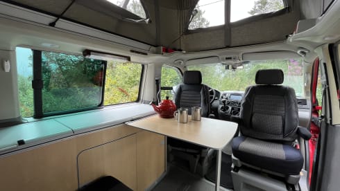 Red Volkswagen bus California T5