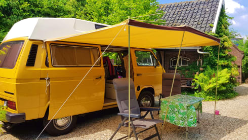 CHICO – cozy, neat, canary yellow oldtimer VW T3 for rent!