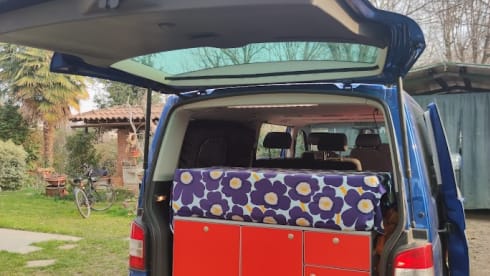 bluesky – vw t5 long wheelbase, free on the road surrounded by a blue sky