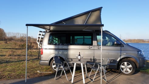 Grijs – Volkswagen T5 California Bus camper with pop-top roof.