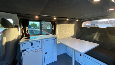 Iona – LWB 4 Berth VW Transporter with 'king size' bed & pop top