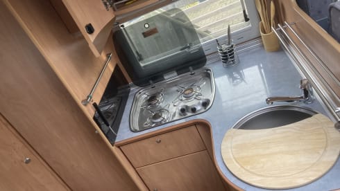 Bürstner Family Camper 4 persons, with bicycle carrier.