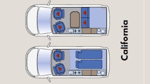 Blauw – Volkswagen T5 California Bus camper with pop-up roof.