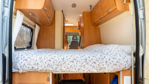 2 person bus camper with fixed bed and sanitary facilities