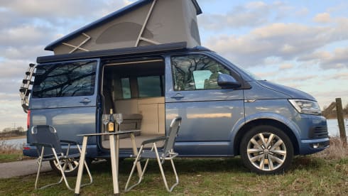 Blauw – Volkswagen T6 automatic California bus camper with pop-up roof.
