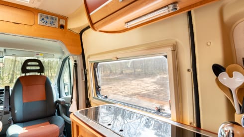2 person bus camper with fixed bed and sanitary facilities