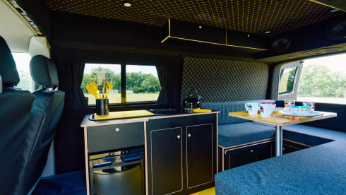 Mellow Yellow – Luxury VW T5 Camper with Large Bed & Luxury Black and Yellow Interior