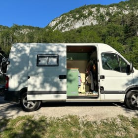 Atmospheric self-build camper van for 2 people (+ baby/small child)