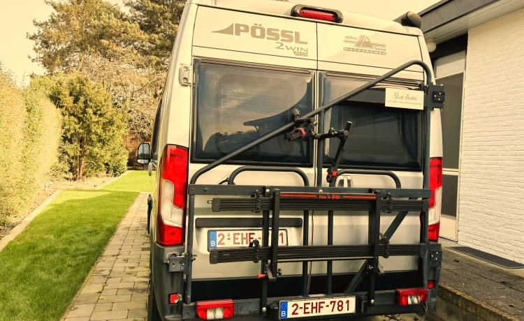 Ohmybuscamper! – Beautiful Pössl bus camper with bicycle carrier for electric bicycles