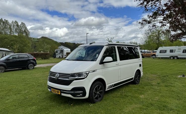 Witte VW California – Volkswagen CALIFORNIA T6 Edition (4p) from 2018. Possibly. with motorcycle trailer