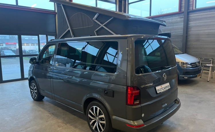 Grijze VW California – Nouveau camping-car VW California T6 de 2021. Peut-être avec remorque à moteur.