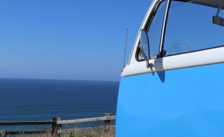 Sandy – Camper Volkswagen del 1979 con finestra a golfo, 4 nati, installazione solare fuori rete