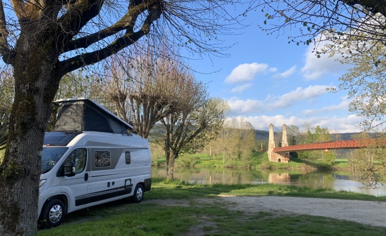 Camper van with sky roof and pop-up roof