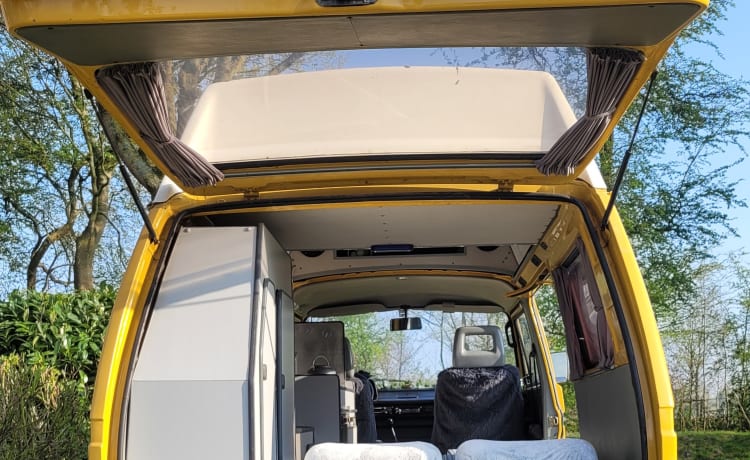 CHICO – cozy, neat, canary yellow oldtimer VW T3 for rent!