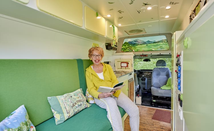 De Groenling – Nicely driving bus camper for 2 pers. with beautiful furnishings for rent