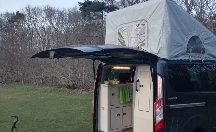 Henry's Ford – nice bus camper Ford Nugget (4-5 pers), possibly. with bus tent and bicycle carrier!