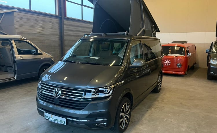 Grijze VW California – Nouveau camping-car VW California T6 de 2021. Peut-être avec remorque à moteur.