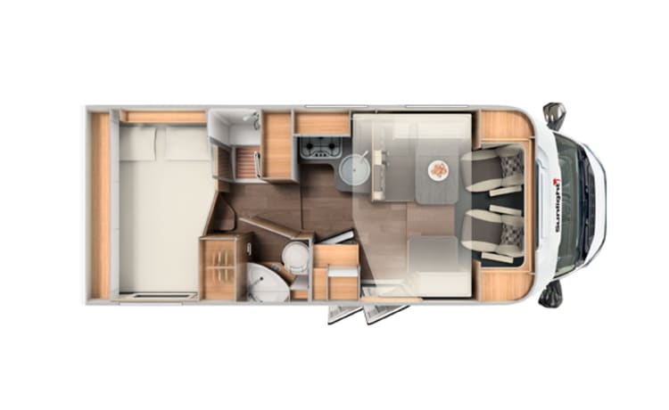 Sunlight T65 – Camper Sunlight per 4 persone molto bello e spazioso del 2023, molto spazio di stivaggio.