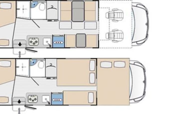 G-type – Luxury family 4-6 p camper, km-free, 2 x air conditioning, TV screen