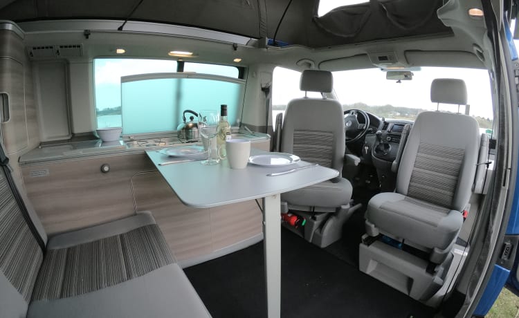 Blauw – Volkswagen T5 California Bus camper with pop-up roof.