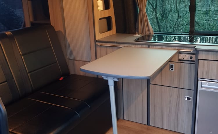 t5 buscamper – Beautiful, cozy T5 bus camper with original Reimo camper furnishings. 